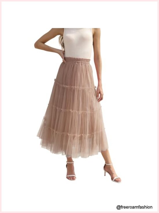 Dresses & Skirts - Layered Tulle Midi Skirt A-Line Elastic Waist Tutu Skirt Fairy Ruffle